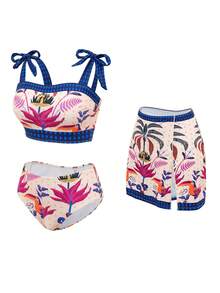 Swim Oasis 女款3件式泳衣套裝 熱帶印花比基尼 米色夏季波希米亞風海灘度假穿搭 Zante Zoo 緊身印花套裝 - 彩色 - 查看 3