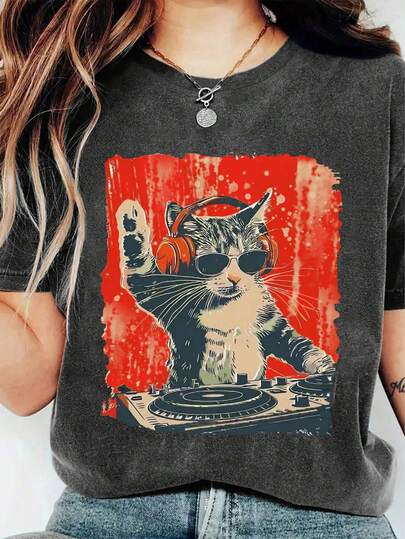 EMERY ROSE Plus Size Women's Music Festival Cute Cat Print T-Shirt, Suitable For Daily Wear