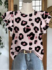 EMERY ROSE Plus Size Women Allover Print Round Neck Casual Versatile Daily Wear Shirt - Pink - View 3