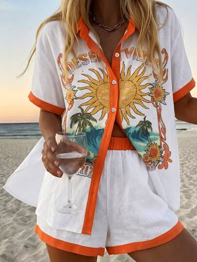 Vaclyn Women's Vacation Palm Tree Letter Print Short Sleeve Shirt And Shorts Casual Set