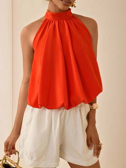 Vesra Women's Solid Color Ruched Halter Casual Versatile Daily Wear Top