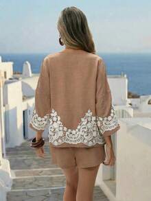 Breezaya 夏季波西米亚风海滩度假蕾丝边休闲优雅两件套女装 - 卡其色 - 查看 3