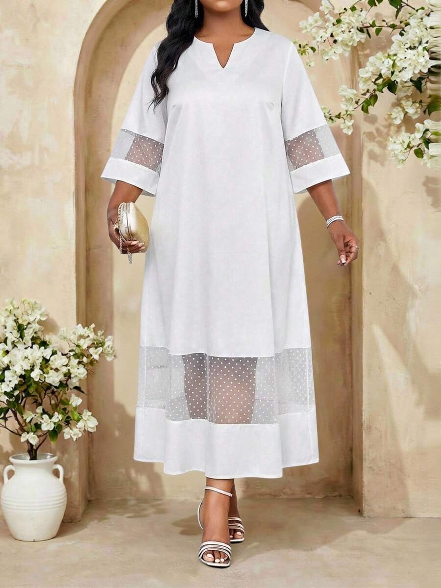 Fleurora 大码纯色网纱拼接镂空领口优雅连衣裙 - 白色 - 查看 1