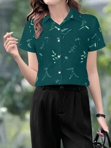 EMERY ROSE 女士优雅休闲米色印花短袖衬衫 - 墨綠色 - 查看 3