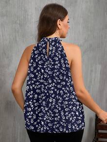 EMERY ROSE Plus Size Women All-Over Print Halter Casual Minimalist Shirt, Suitable For Summer Daily Wear - Navy Blue - View 2