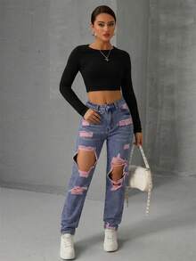SHEIN EZwear 女士口袋纽扣做旧休闲百搭日常牛仔裤 - 紫色 - 查看 4
