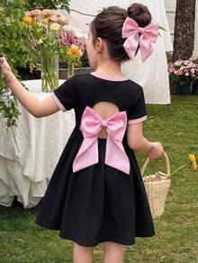 SHEIN Young Girls Solid Color Contrast Fitted Crop Back Cutout Organza Bow Decor Short Sleeve Belted Mini Dress, Fashionable French Elegant, Back To School, Y2K, Sweet & Cool Lady Black And Pink Dress Bow Birthday Dress For Girls Black And Pink Girls Twirl Dress Kids Clothes With Bows Bow Dress For Girls,Kids - Pink - View 2