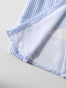 SHEIN 适合度假、上学的少女休闲街头服饰，卡通印花条纹衬衫和裤子套装 - 藍色 - 查看 3