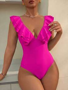 Slaydiva Bộ đồ bơi một mảnh cổ chữ V xếp nếp màu trơn đi biển dành cho nữ vào kỳ nghỉ hè - Màu Hồng Tươi - Xem 1