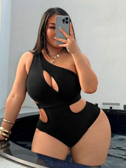 Swim SXY 大码女式纯色不对称肩部镂空腰部系带连体泳衣