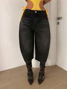 StreetHx Women's Pentagram Pocket Wide Leg Loose 7/8 Length Jeans - Black - View 7