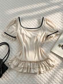 Glimmora Blusa casual de mujer con aplicaciones de encaje y volantes en las mangas cortas - Gris Claro - Ver 2