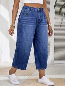 SHEIN PETITE CURVE Summer Plus Size PETITE CURVE Casual Washed High Waist High Waisted Barrel Denim Pants For Women Cropped Wide Leg Baggy Casual Crop Jeans - Medium Wash - View 3