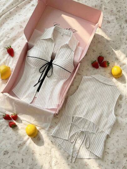 CovetEZ Women's Autumn/Winter New Arrival - Sweet And Casual Clean Girl Style Casual Women's Side Tie-Up Knot Ruffle Camisole Top,Striped Casual Contrast Color Lace-Up Zipper Women Shirt