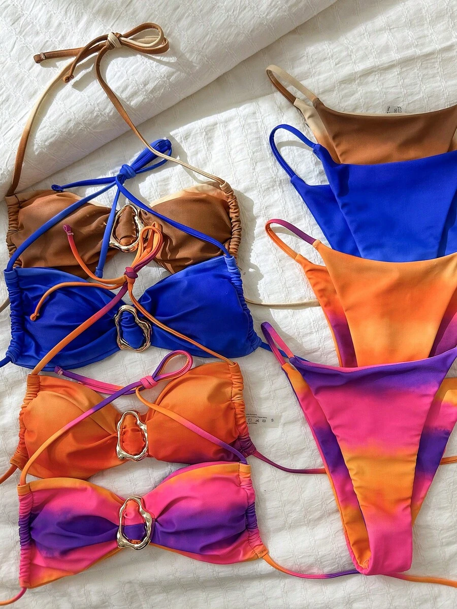 Swim Vcay 女款漸層印花性感比基尼兩件套,掛脖上衣搭配漸層印花性感三角褲,適合曬日光浴、度假、游泳派對 - 彩色 - 查看 1