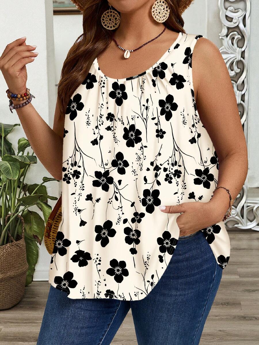 EMERY ROSE Plus Size Women Floral Print Casual Crew Neck Everyday Wear Top - Apricot - View 1
