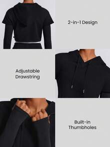 GLOWMODE Sudadera corta de manga larga con cordón 2 en 1 de rizo Everyday con orificio para el pulgar - Negro - Ver 3