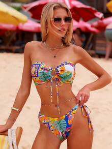 Swim Vcay Conjunto de bikini con estampado digital tropical, con parte delantera atada y espalda descubierta, con tirantes desmontables, para mujer, para vacaciones en la playa, primavera/verano/otoño - Multicolor - Ver 1
