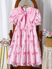 SHEIN 少女休闲可爱蝴蝶结水手领短泡泡袖连衣裙，适合外出、度假 - 粉色 - 查看 2