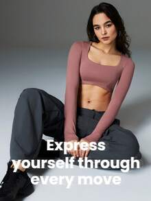 GLOWMODE Ribbed Modal Square Neck Long Sleeve Ultra Crop Top With Thumbhole - Dusty Pink - View 7