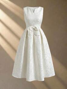 Vestido de verano 2026 de longitud media, sin mangas, de tela jacquard elegante en color albaricoque claro, adecuado para mujeres de 20 a 35+ años para fiestas, vacaciones y cenas formales (estampado aleatorio) - Albaricoque - Ver 3
