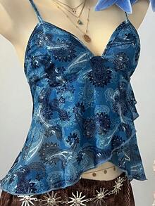 SuriyaCove 女士低领荷叶边腰果印花吊带衫 - 藍色 - 查看 3