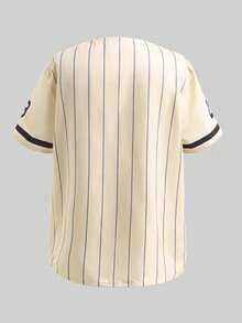 Sparklyn 三件套少女时尚运动套装 - 黑色条纹复古字母印花宽松外套衬衫、白色修身吊带背心、黄色短裤 - 卡其色 - 查看 8