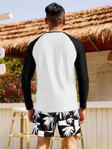 CoralVoy Conjunto de traje de baño casual de vacaciones de playa con estampado de palmeras, de manga larga y pantalones cortos para hombre - Multicolor - Ver 2