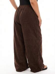 SHEIN EZwear 大码女式灯芯绒高腰阔腿裤，带口袋和贴片设计，适合学校、日常生活和室内工作，秋冬季 - 咖啡棕 - 查看 4