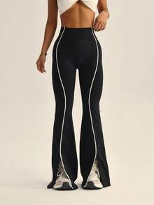 Dewbera Women's Seamless Contrast Trim Split Hem Sports Pants Boot Cut Yoga Pants Flare Yoga Pants Women Flare Leggings Flare Workout Pants Flared Leggings Black And White Work Out Pants - Black - View 3