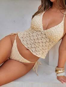 Bonvoyette 2026春夏吊带V领杏色纹理比基尼两件套泳衣（女款） - 杏色 - 查看 1