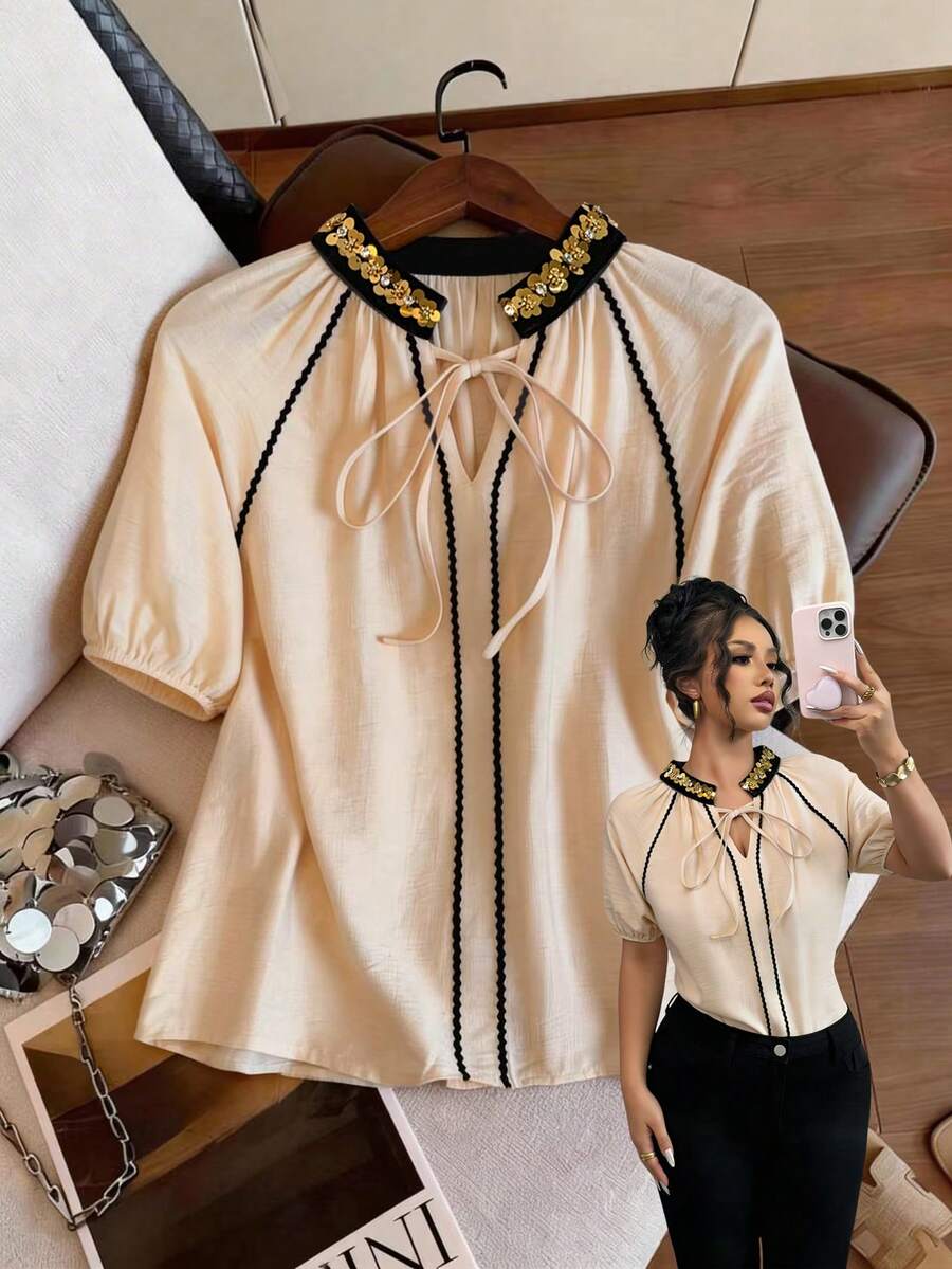 GlowEve Apricot Rhinestone Embellished Black Trim Elegant Women Short Sleeve Blouse - Apricot - View 1