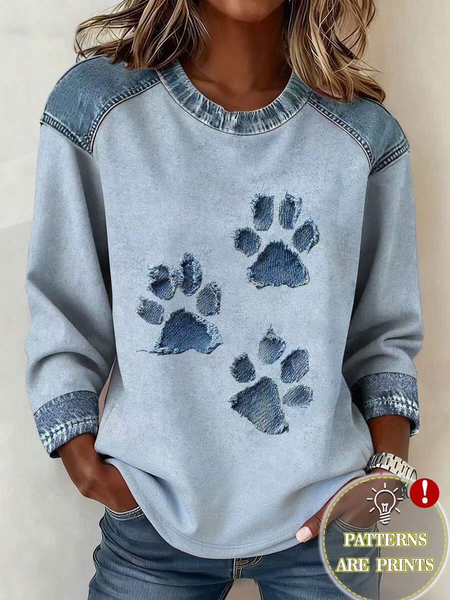 EMERY ROSE 女士休闲时尚街头风仿牛仔爪印长袖T恤，春秋季 - 彩色 - 查看 1