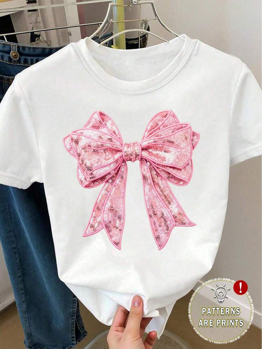 Tween Girl Summer White Cute School T-Shirt,Fashion Creative Sequin Bow Decor Graphic Print Basic Short Sleeve Tee,Refreshing Minimalist Daily Wear - White - View 1