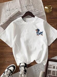 EMERY ROSE 女士休闲腊肠犬印花圆领短袖T恤，夏季 - 白色 - 查看 2