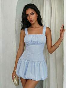 Glamine Women's Striped Ruffle Casual Everyday Cocktail Party Flare Dress - Blue and White - View 3