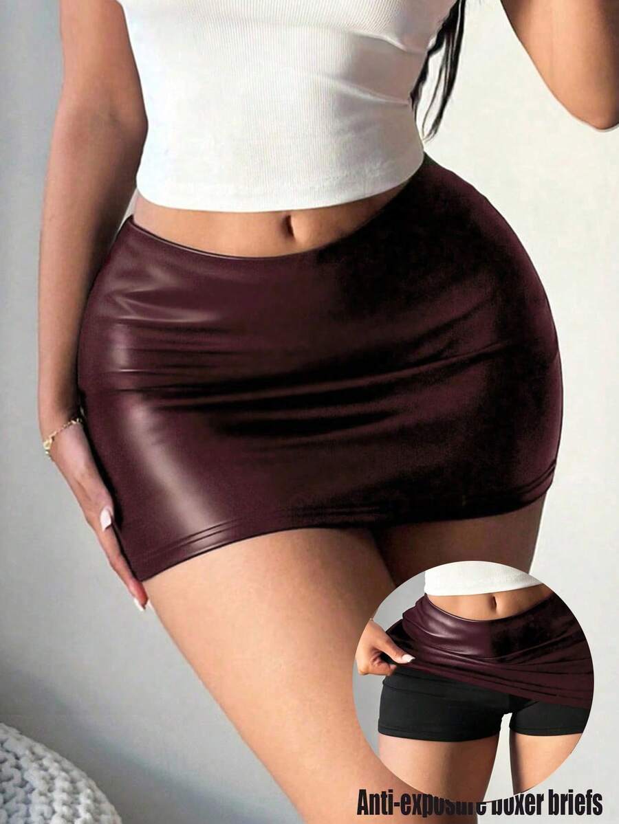 SHEIN SXY 女士休闲性感PU紧身低腰裙，适合秋冬季 - 酒紅色 - 查看 1