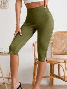 KOHE Solid Split Hem Capri Leggings - 橄欖綠 - 查看 5