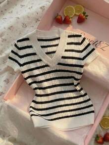 CovetEZ Women's V-Neck Striped Casual Versatile Daily Wear Knit Short Sleeve Top 2026 New Summer Sweet And Casual Striped Caneluri Short-Sleeve Slim V-Neck Knit Top, Summer Women's Short Sleeve Tops Women's Tops For Summer - Black and White - View 5