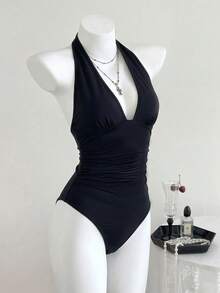 Flirla Áo liền thân nữ kiểu dáng thường ngày, cổ chữ V sâu, thắt nơ phía trước, đa năng cho mùa hè. - màu đen - Xem 5
