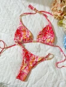 Elavelle Spring Break Women's Solid Color Spaghetti Strap Sexy Bikini Swimwear Set Adjustable Bikini Print Bikini Sets Swimwear Adjustable Bikini Bottom Tie Bikini Top Bikini Sets For Women - Rose Red - View 2