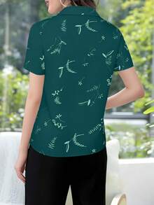 EMERY ROSE 女士优雅休闲米色印花短袖衬衫 - 墨綠色 - 查看 2