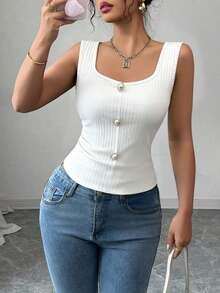 SHEIN Elenzya Women's Solid Color Ribbed Faux Pearl Button Design Casual Tank Top - White - View 2