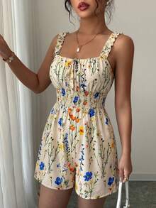 Elenzga 女士杏色底多色印花荷叶边吊带系腰连体裤，优雅精致，适合情人节、复活节、五一劳动节、生日、约会、派对、正式场合、教师装，充满活力，春夏款。 - 杏色 - 查看 3