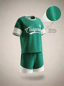 Casuvi Kids Young Boys Colorblock Drop Shoulder Tee Set,American College Style Graphic Print Loose Fit Summer School 2-Piece Outfit,Kids Sports Soccer Jersey Kit - Dark Green - View 1