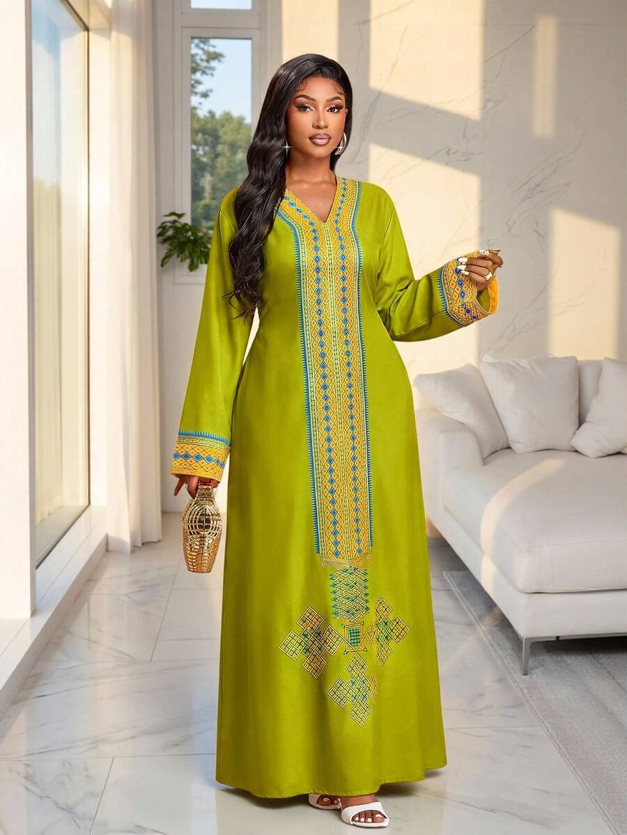 Brilight Đầm nữ thanh lịch, dáng rộng, kiểu Trung Đông, kiểu Ả Rập, đầm in họa tiết truyền thống, hoàn hảo cho các bữa tiệc, các buổi gặp mặt hàng ngày và các dịp lễ hội khác, đầm mùa thu. - màu xanh lá - Xem 1