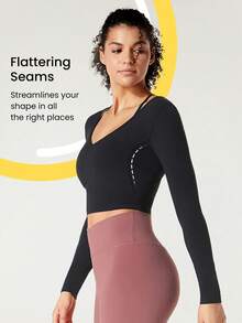 GLOWMODE FeatherFit™ V Neck U Back Cropped Long Sleeve Tee Low Impact Yoga Pilates Daily Summer Baby Tee - Black - View 5