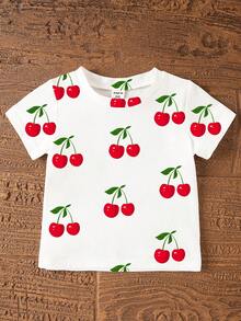 SHEIN 1 Set Toddler Girls' Sweet Cute Cherry Fruit Pattern Vacation Style Printed Short Sleeve Round Neck T-Shirt And Shorts Suitable For Spring To Summer - Multicolor - View 7