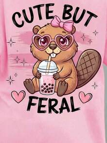 小女孩卡通松鼠字母印花落肩T恤 - 粉色 - 查看 3