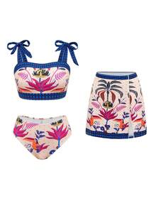 Swim Oasis 女款3件式泳衣套裝 熱帶印花比基尼 米色夏季波希米亞風海灘度假穿搭 Zante Zoo 緊身印花套裝 - 彩色 - 查看 1